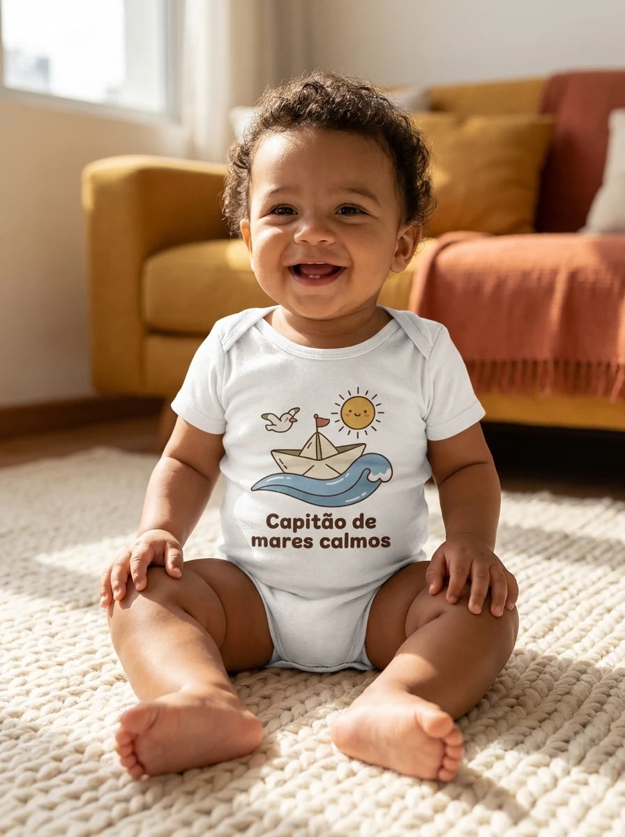 Bebê sentado vestindo um body Cosquinha cor creme