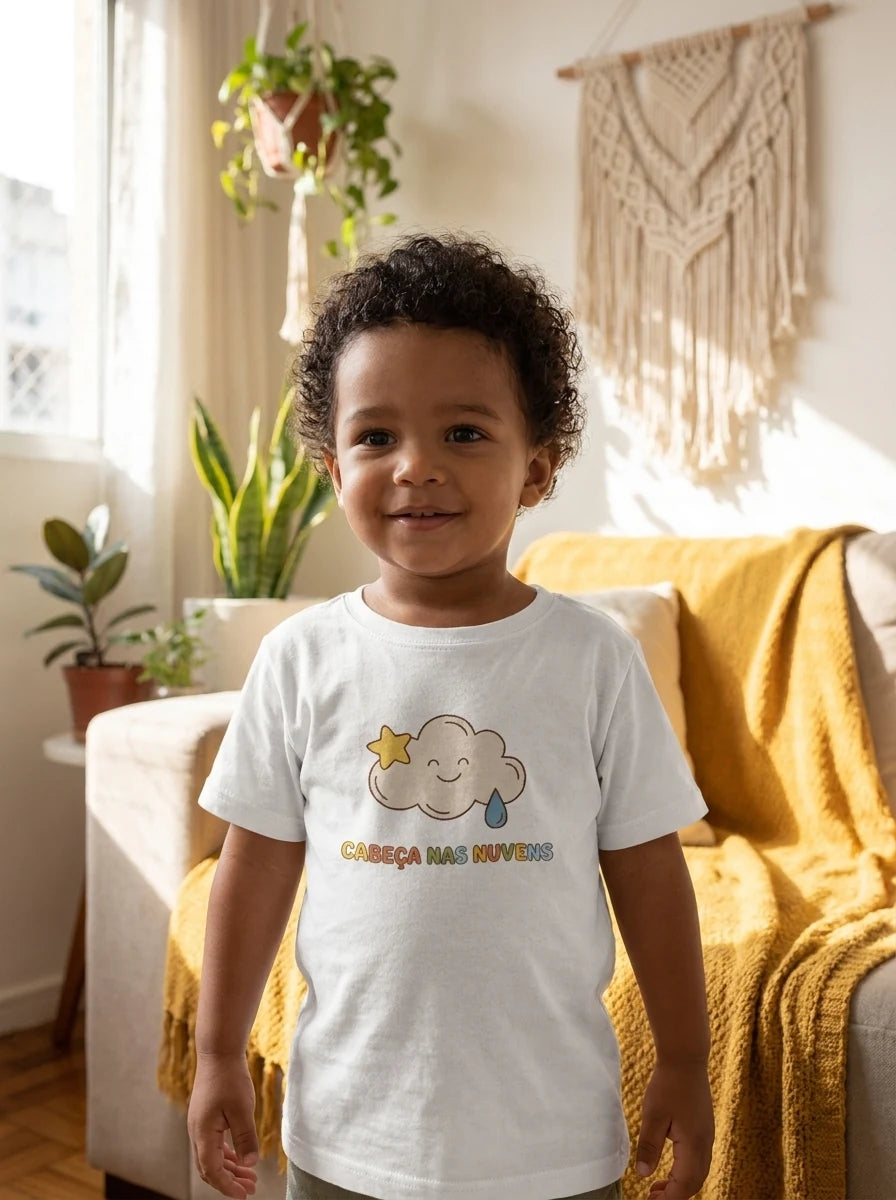 Criança rindo vestindo uma camiseta Cosquinha cor creme