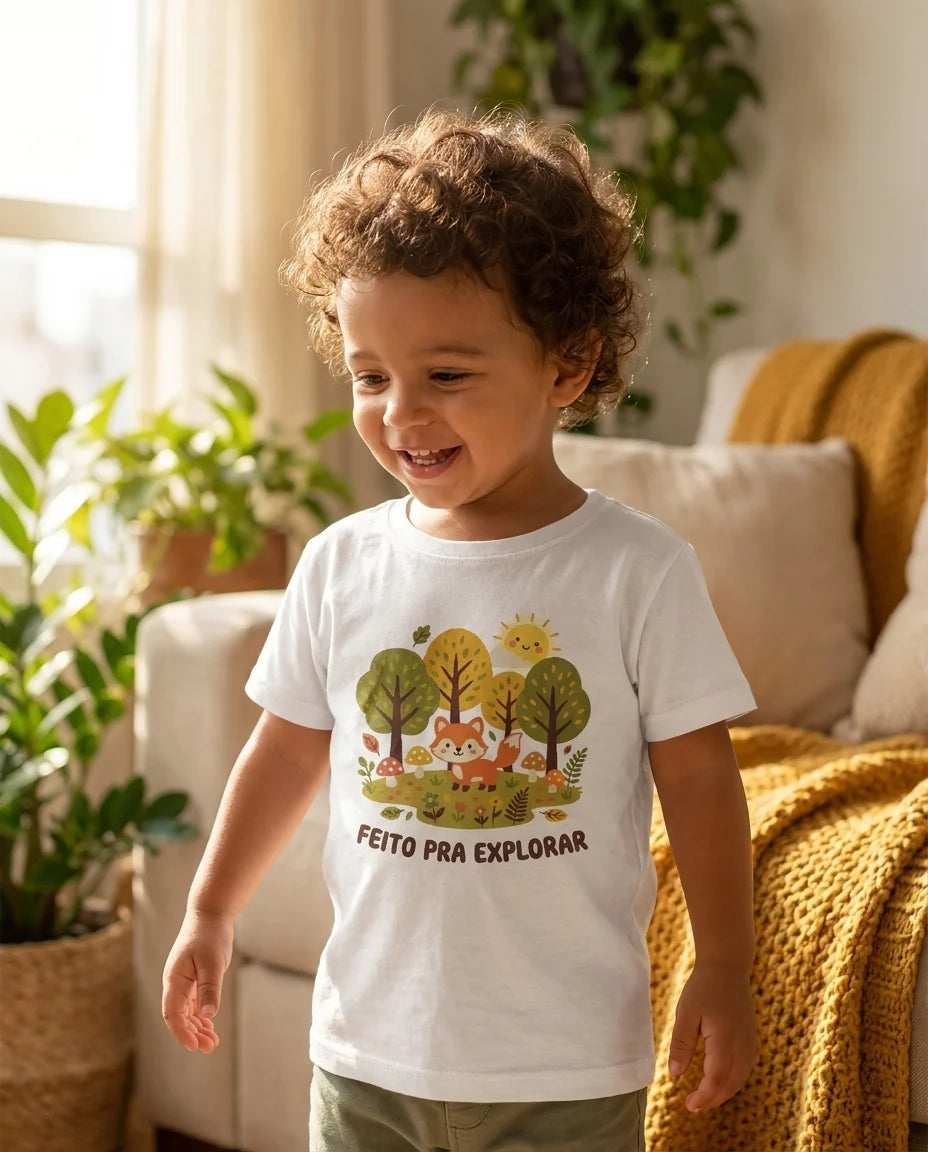 Criança rindo vestindo uma camiseta Cosquinha da floresta encantada