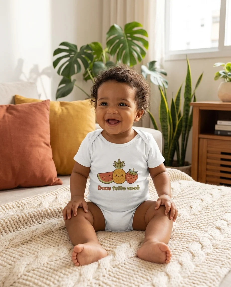 Bebê sorrindo vestindo um body Cosquinha com estampa de frutinhas